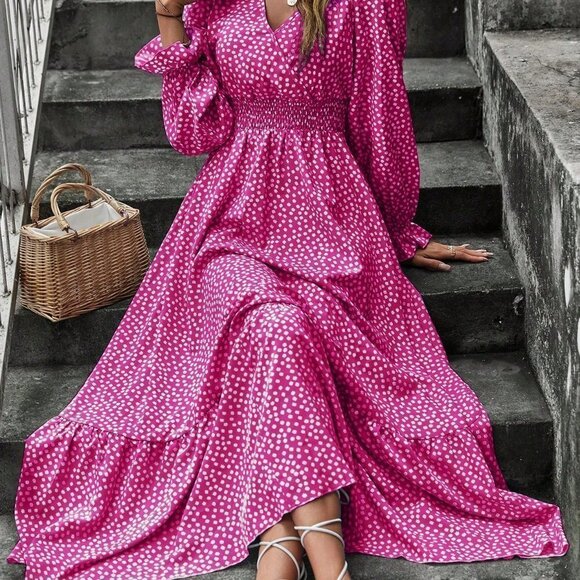 . Dresses & Skirts - Pink Boho Womens Ditsy Floral Print Flounce Sleeve Shirred Dress